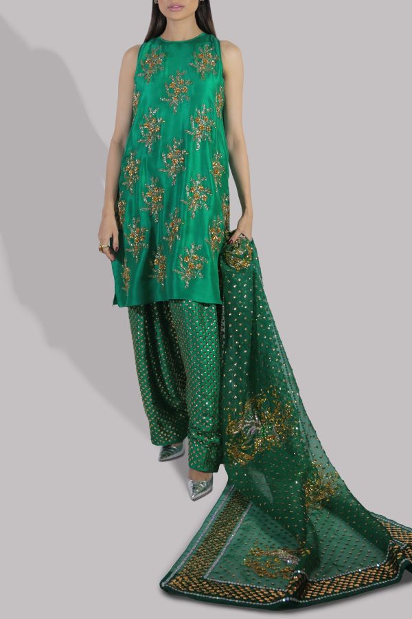 Emerald Green Embellished Raw Silk Set - Image 2