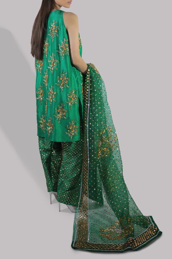 Emerald Green Embellished Raw Silk Set - Image 3