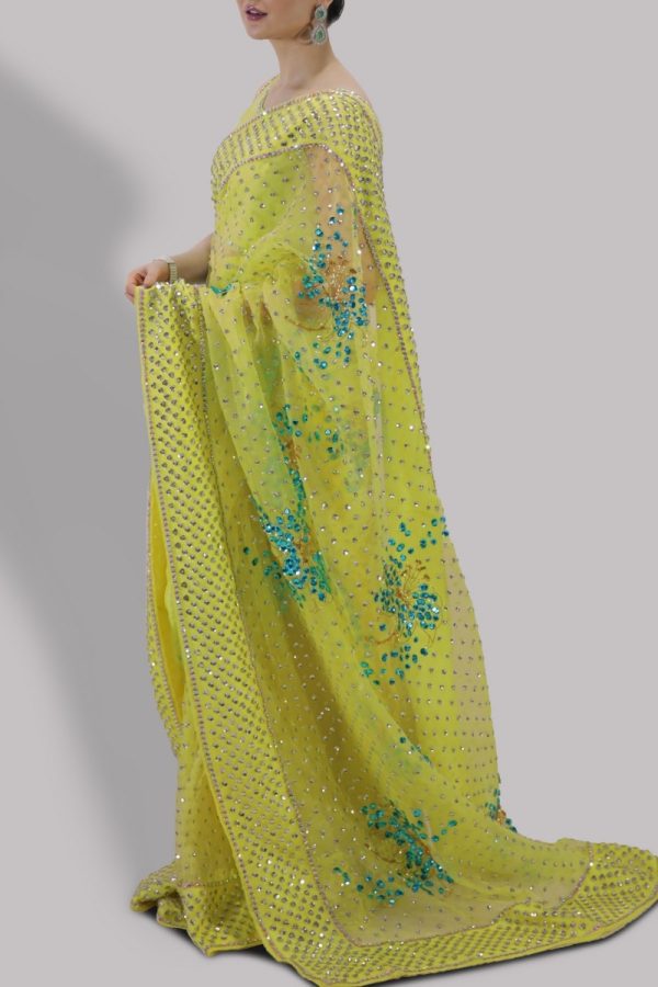 Verbena Yellow Embellished Organza Sari - Image 2