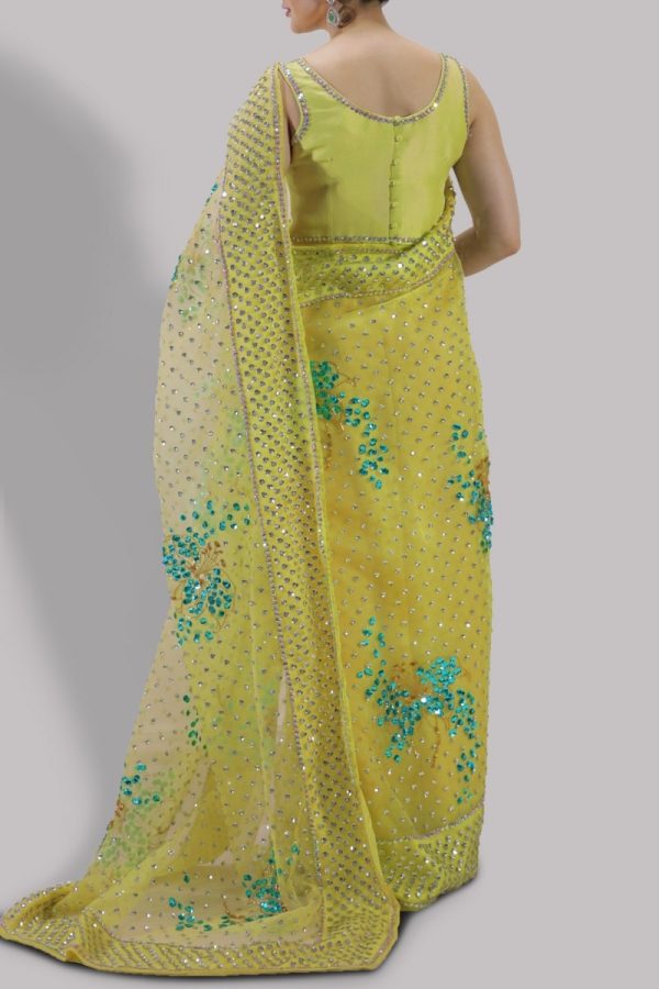 Verbena Yellow Embellished Organza Sari - Image 3