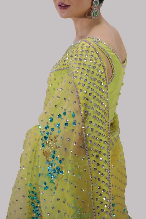 Verbena Yellow Embellished Organza Sari - Image 4