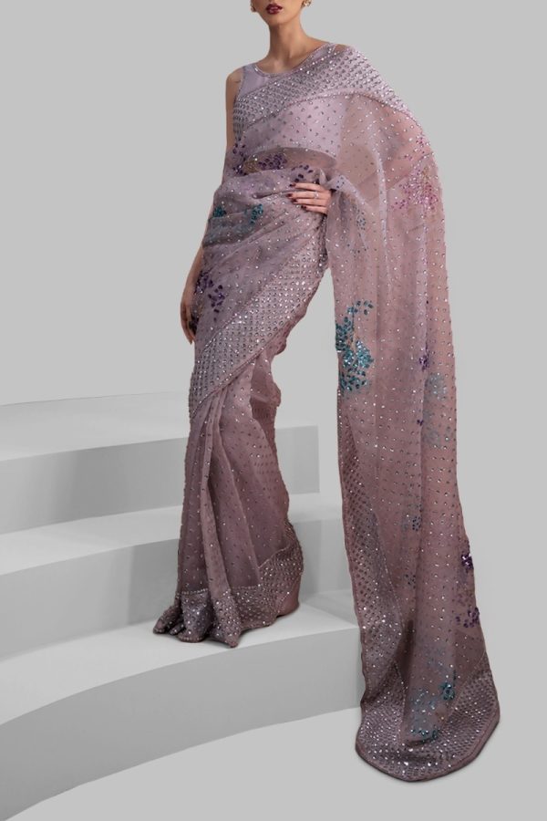 Silver Pink Embellished Organza Sari