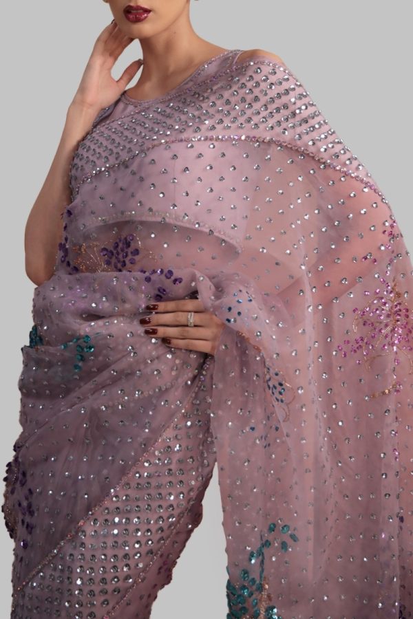 Silver Pink Embellished Organza Sari - Image 2