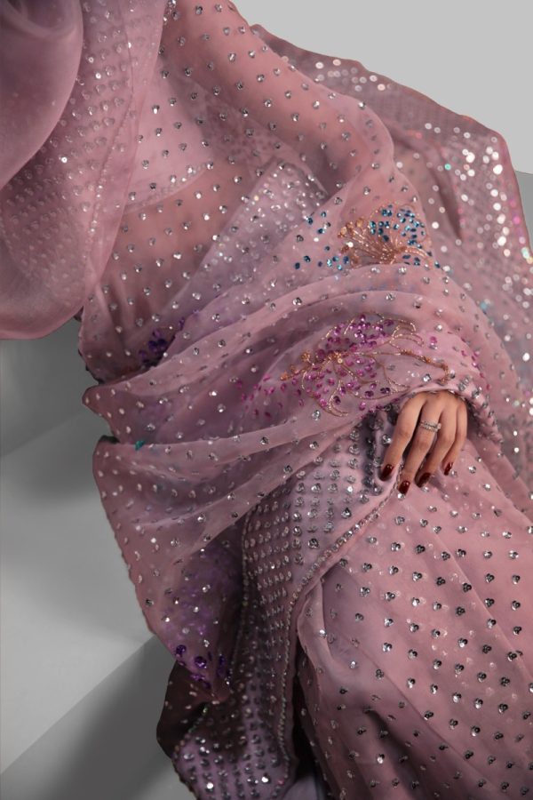 Silver Pink Embellished Organza Sari - Image 3