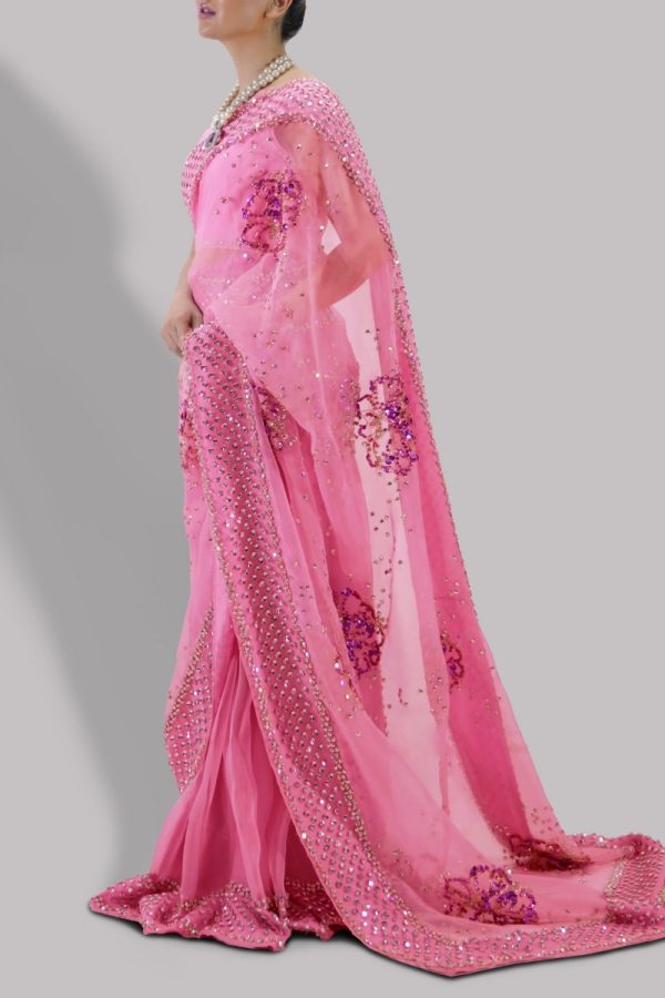 Sachet Pink Embellished Organza Sari - Image 2