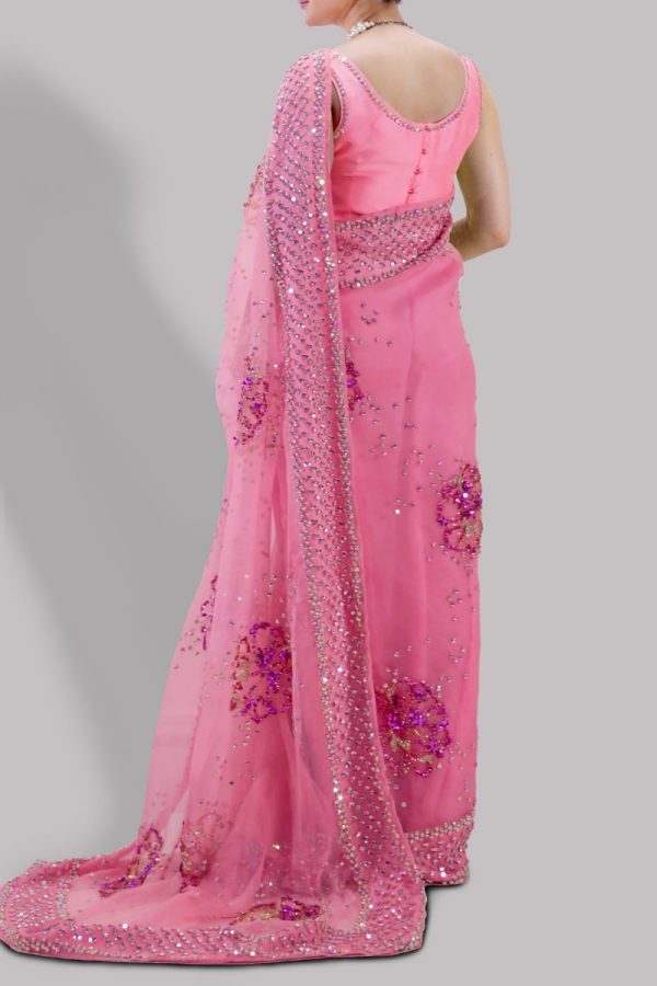 Sachet Pink Embellished Organza Sari - Image 3