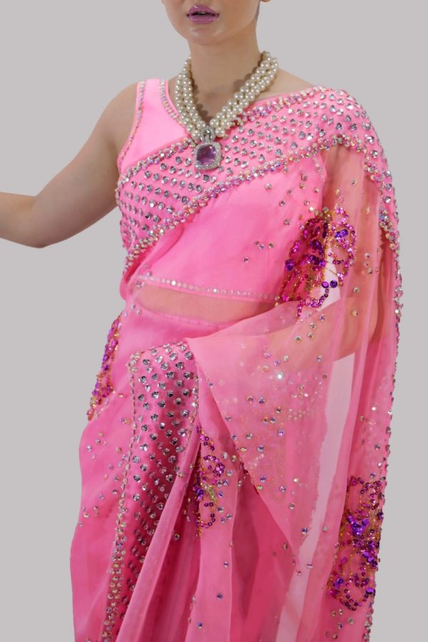 Sachet Pink Embellished Organza Sari - Image 4