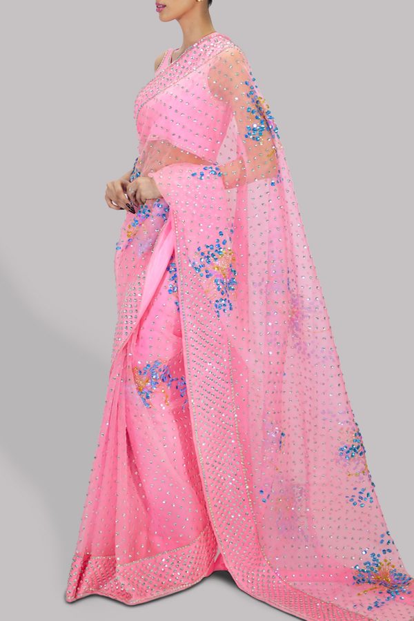 Candy Pink Embellished Organza Sari - Image 2