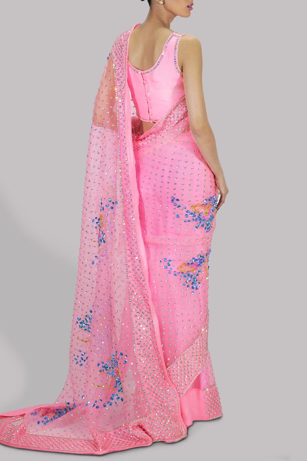 Candy Pink Embellished Organza Sari - Image 3