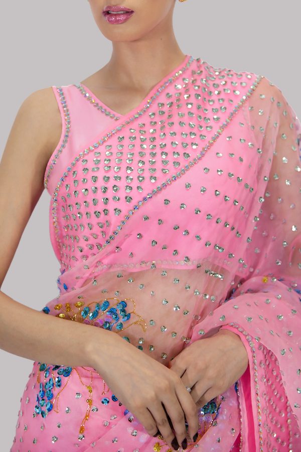 Candy Pink Embellished Organza Sari - Image 4