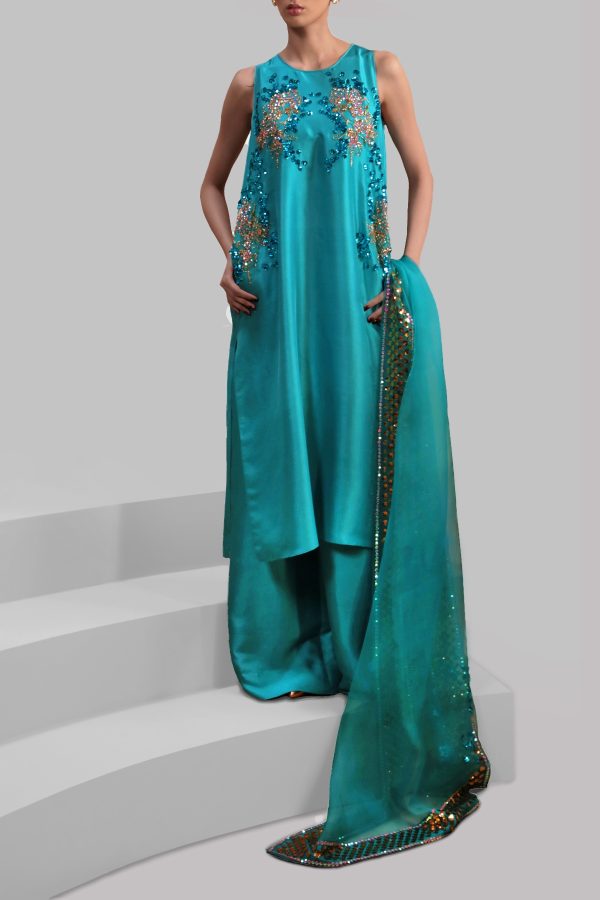 Veredian Green Embellished Raw Silk Set