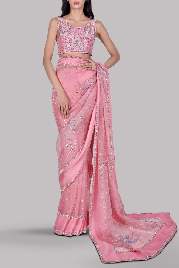 Tickled Pink Embellished Organza Sari