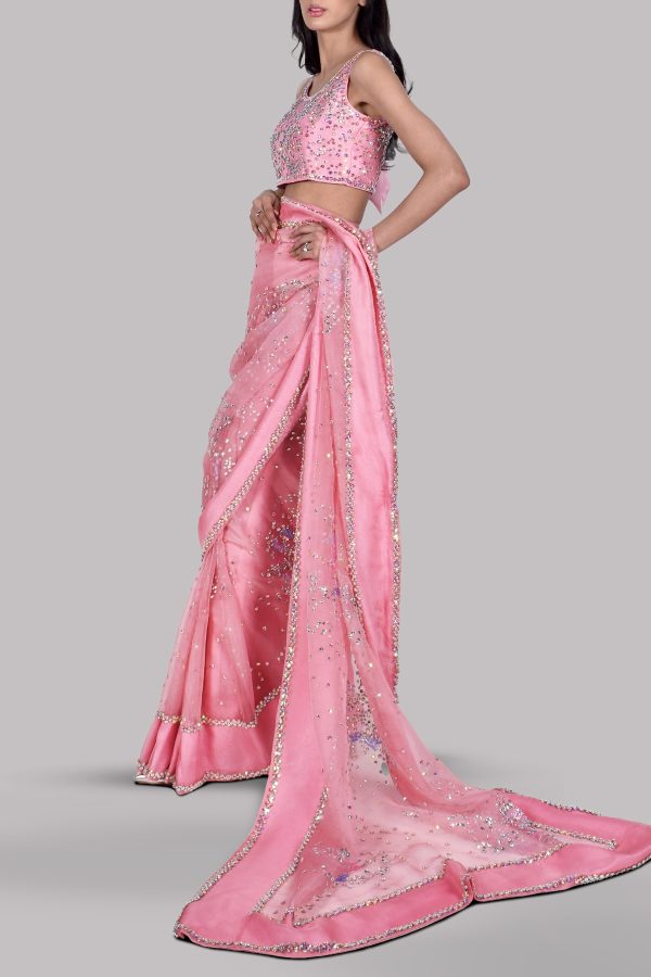 Tickled Pink Embellished Organza Sari - Image 2