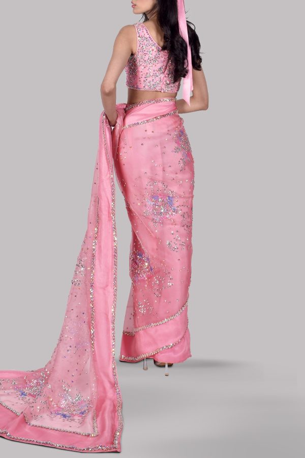 Tickled Pink Embellished Organza Sari - Image 3