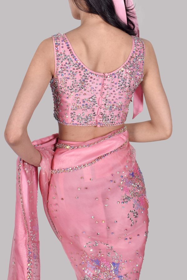 Tickled Pink Embellished Organza Sari - Image 5