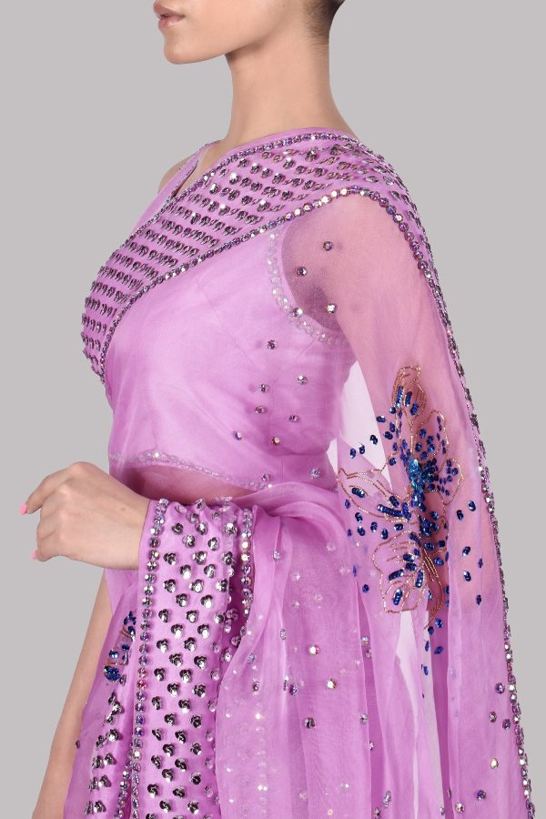 Lilac Embellished Organza Sari - Image 4