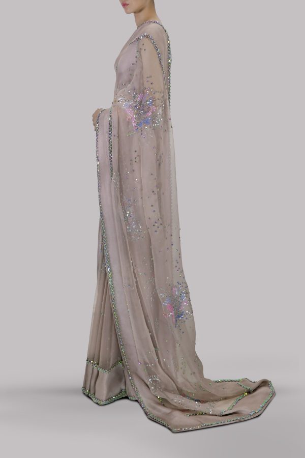 Silver Grey Embellished Organza Sari - Image 2