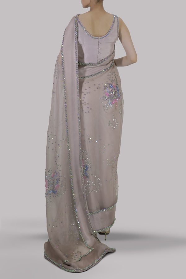 Silver Grey Embellished Organza Sari - Image 3