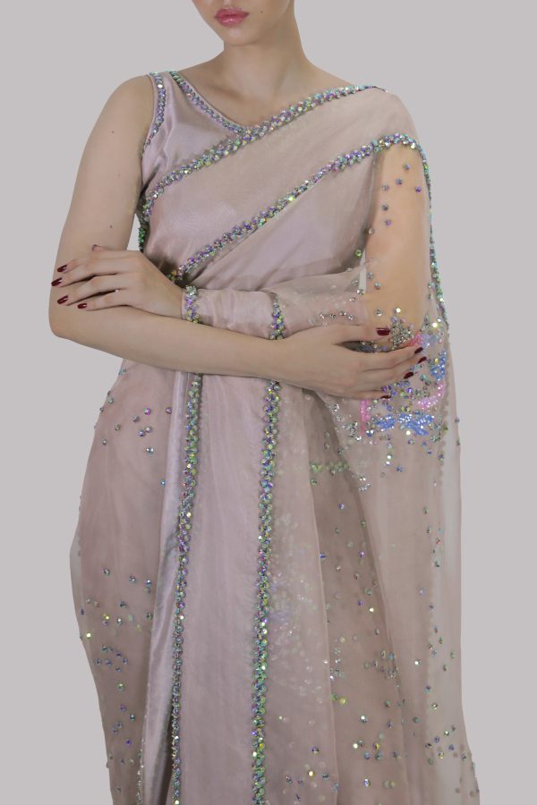 Silver Grey Embellished Organza Sari - Image 4