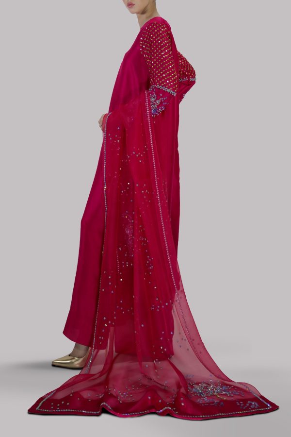 Crimson Embellished Raw Silk Maxi Set - Image 2