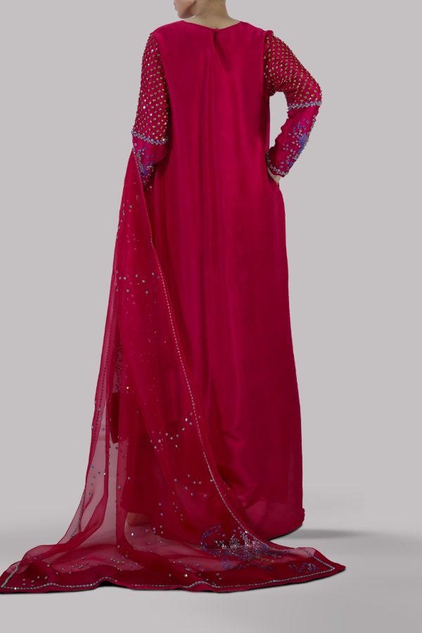 Crimson Embellished Raw Silk Maxi Set - Image 3