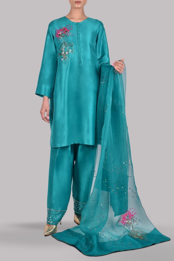 Veredian Green Embellished Raw Silk Set