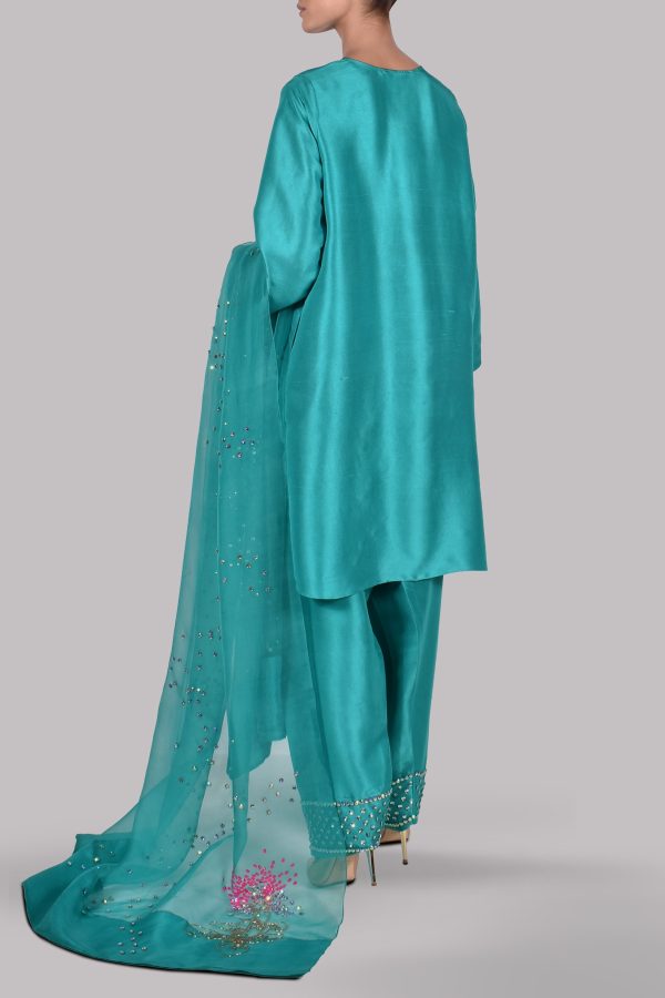 Veredian Green Embellished Raw Silk Set - Image 3