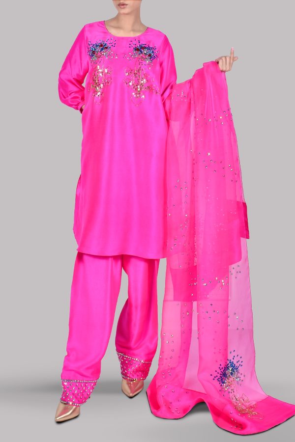 Diva Pink Embellished Raw Silk Set