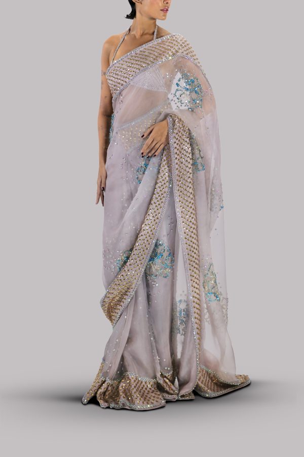 Silver Grey Embellished Organza Sari