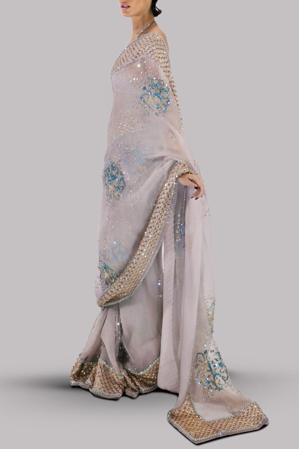 Silver Grey Embellished Organza Sari - Image 2