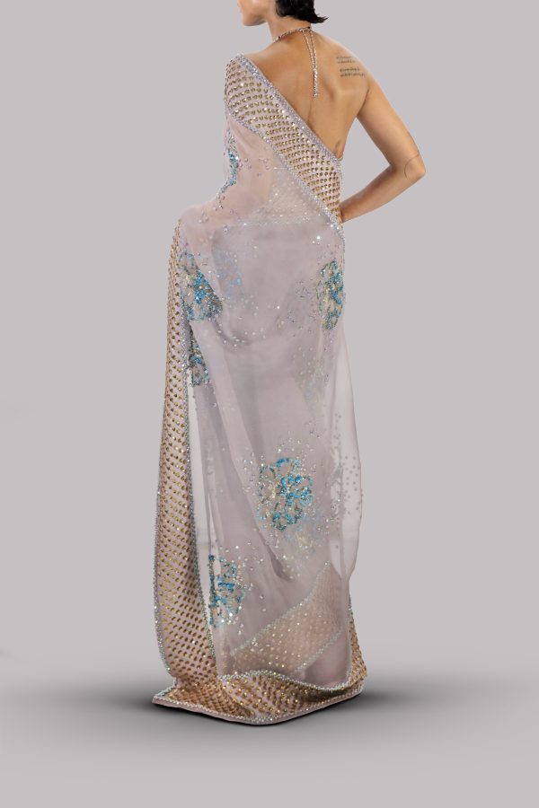 Silver Grey Embellished Organza Sari - Image 3