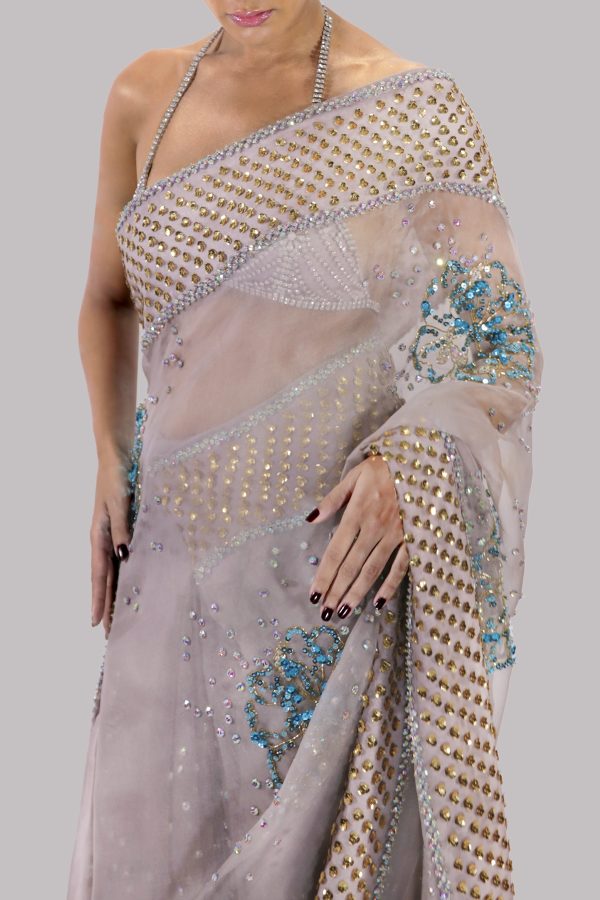 Silver Grey Embellished Organza Sari - Image 4