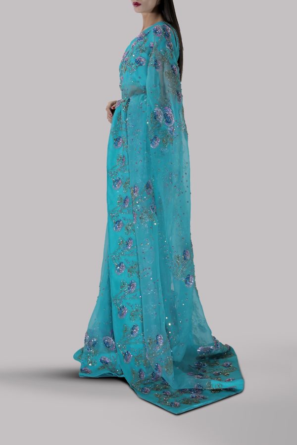 Scuba Blue Embellished Organza Sari - Image 2