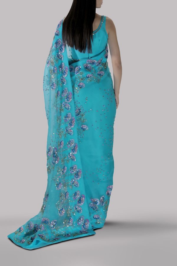 Scuba Blue Embellished Organza Sari - Image 3