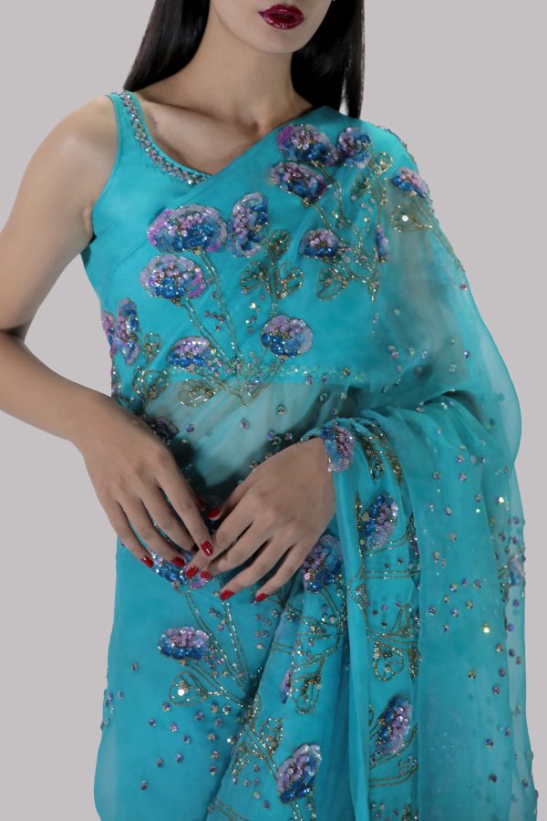 Scuba Blue Embellished Organza Sari - Image 4