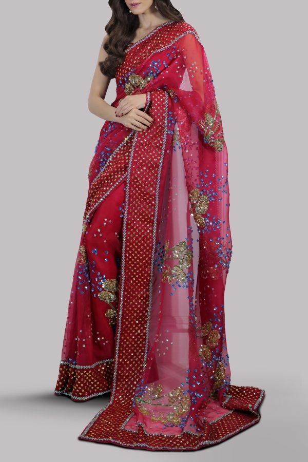 Tango Red Embellished Organza Sari