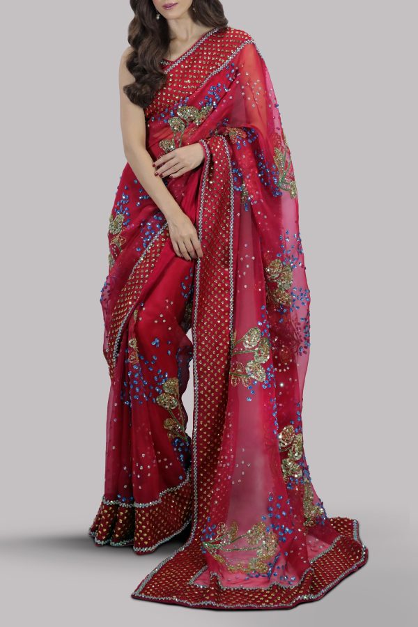 Tango Red Embellished Organza Sari - Image 2