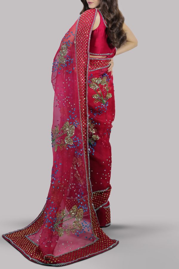 Tango Red Embellished Organza Sari - Image 3