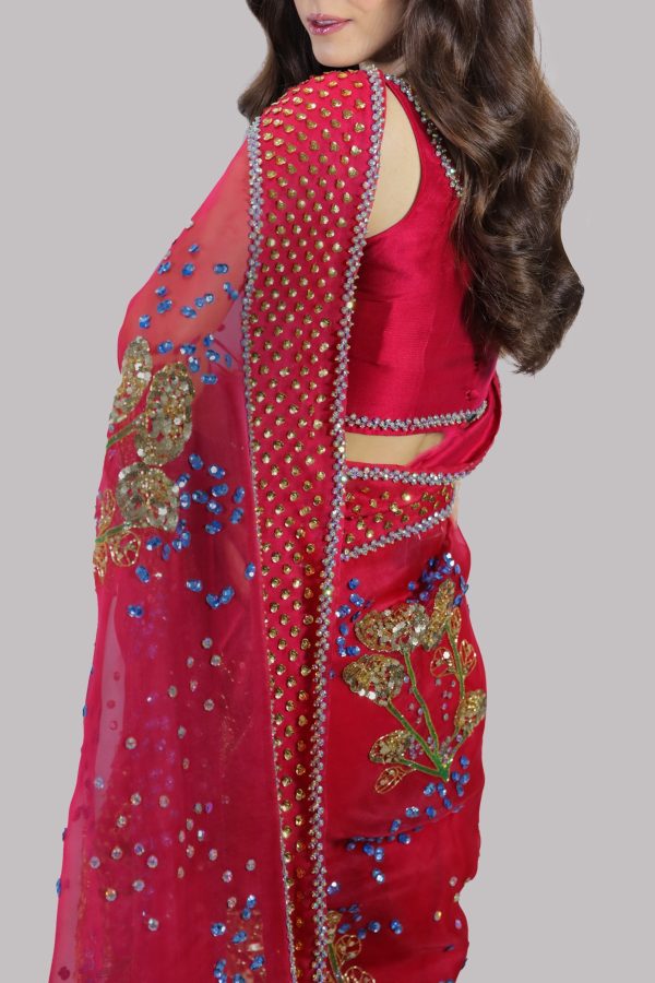 Tango Red Embellished Organza Sari - Image 4