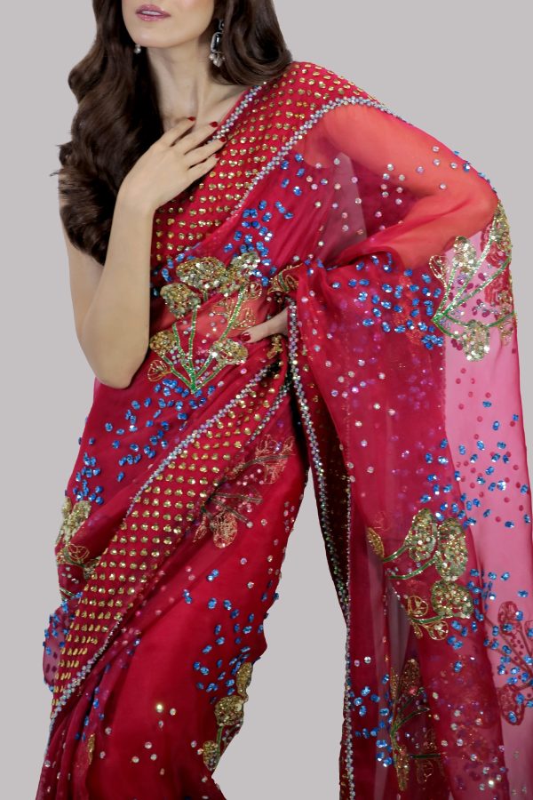 Tango Red Embellished Organza Sari - Image 5