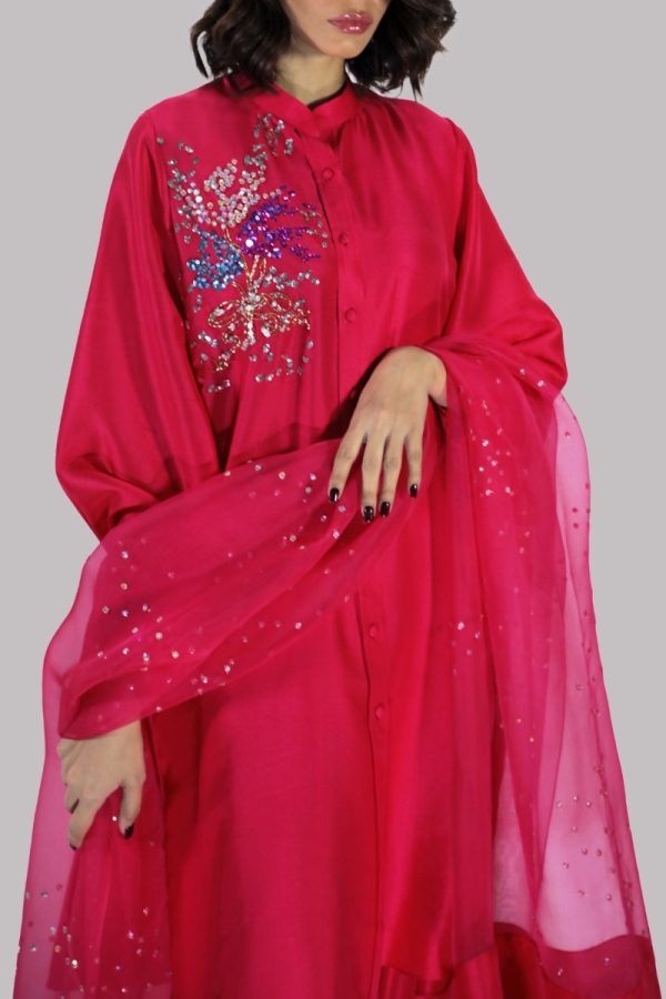 Virtual Pink Embellished Raw Silk Set