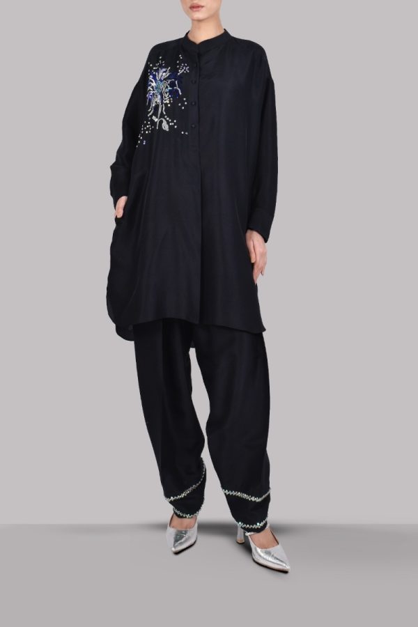 Black Embellished Raw Silk Set