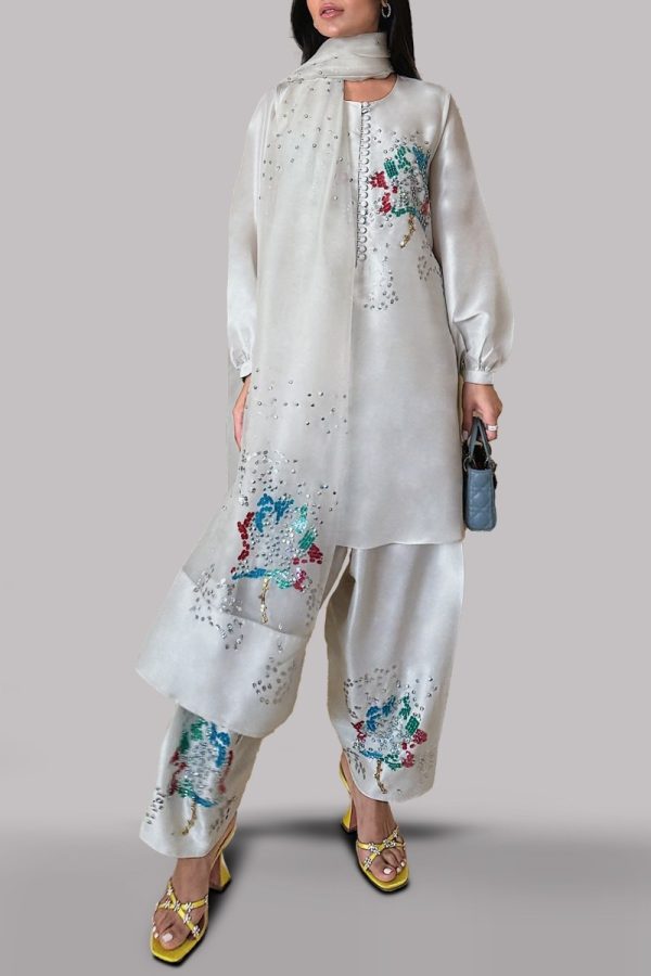 Egret Embellished Raw Silk Set