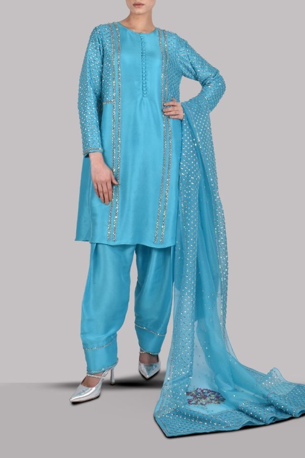 Scuba Blue Embellished Raw Silk Set