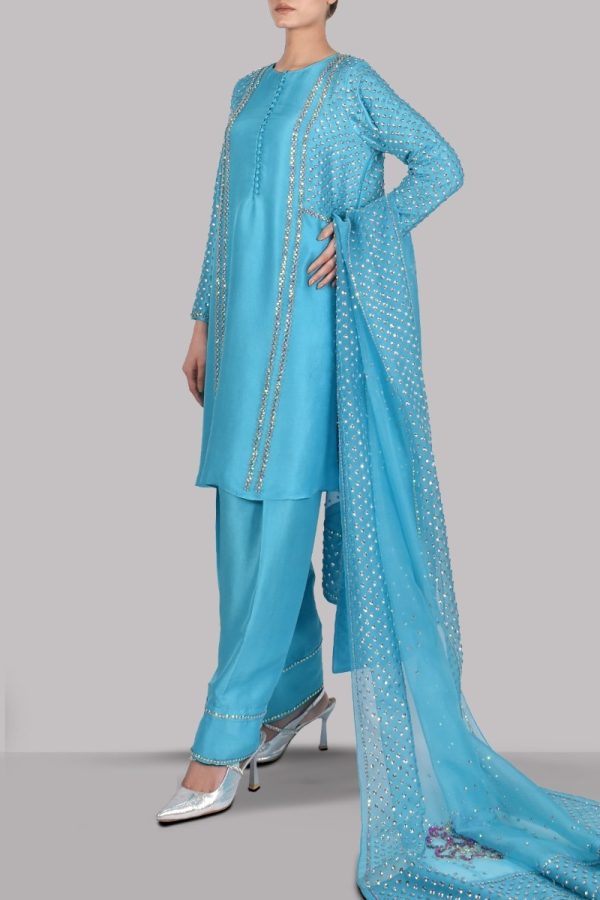 Scuba Blue Embellished Raw Silk Set - Image 2