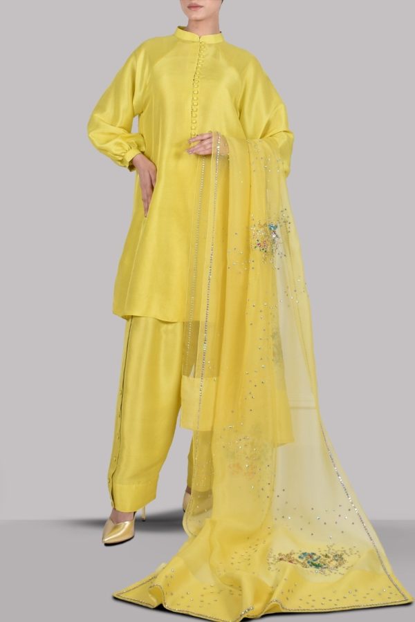 Aurora Yellow Embellished Raw Silk Set