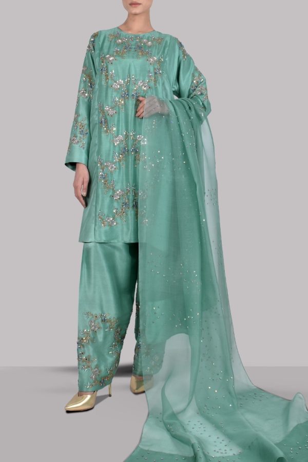 Malachite Green Embellished Raw Silk Set - Image 5