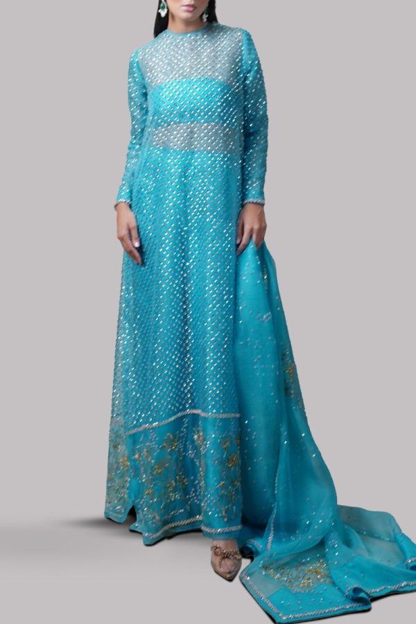 Scuba Blue Embellished Organza Maxi Set