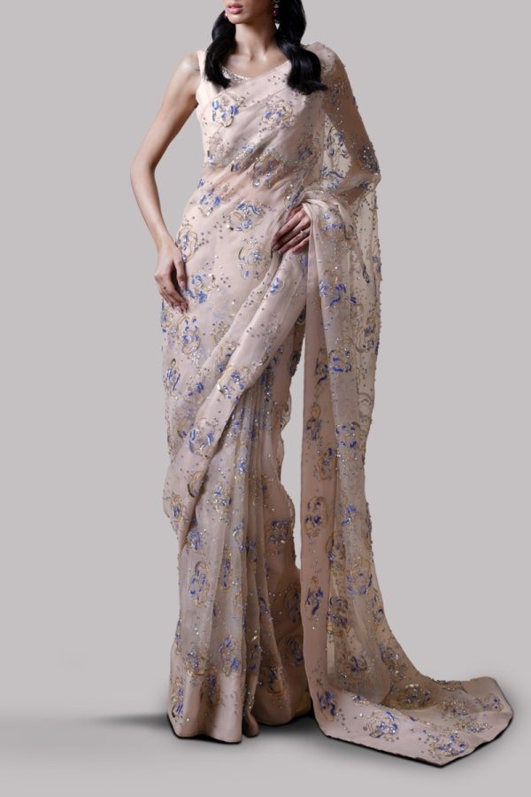 Rose Smoke Embellished Organza Sari