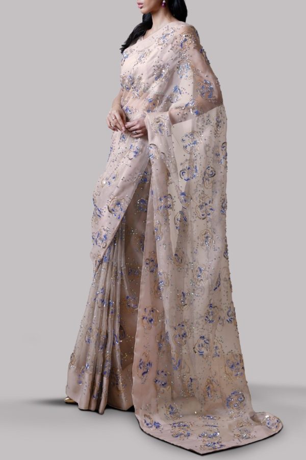 Rose Smoke Embellished Organza Sari - Image 2